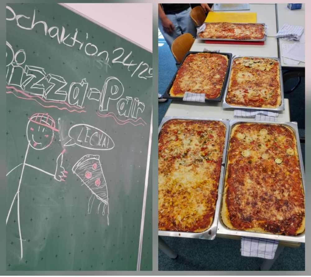 Tafel mit Projektname: Pizza Party und Bleche mit Pizza