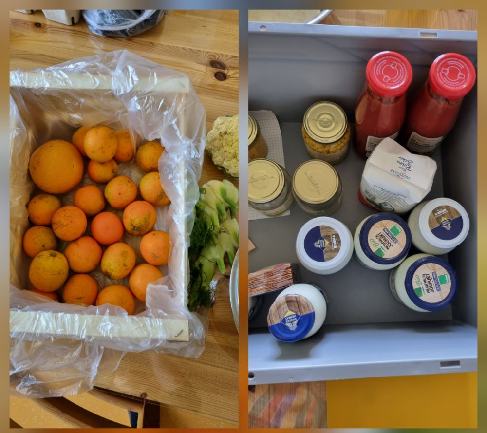 Mandarinen Kiste und Joghurt, Tomatensauce und Mais in Gläsern