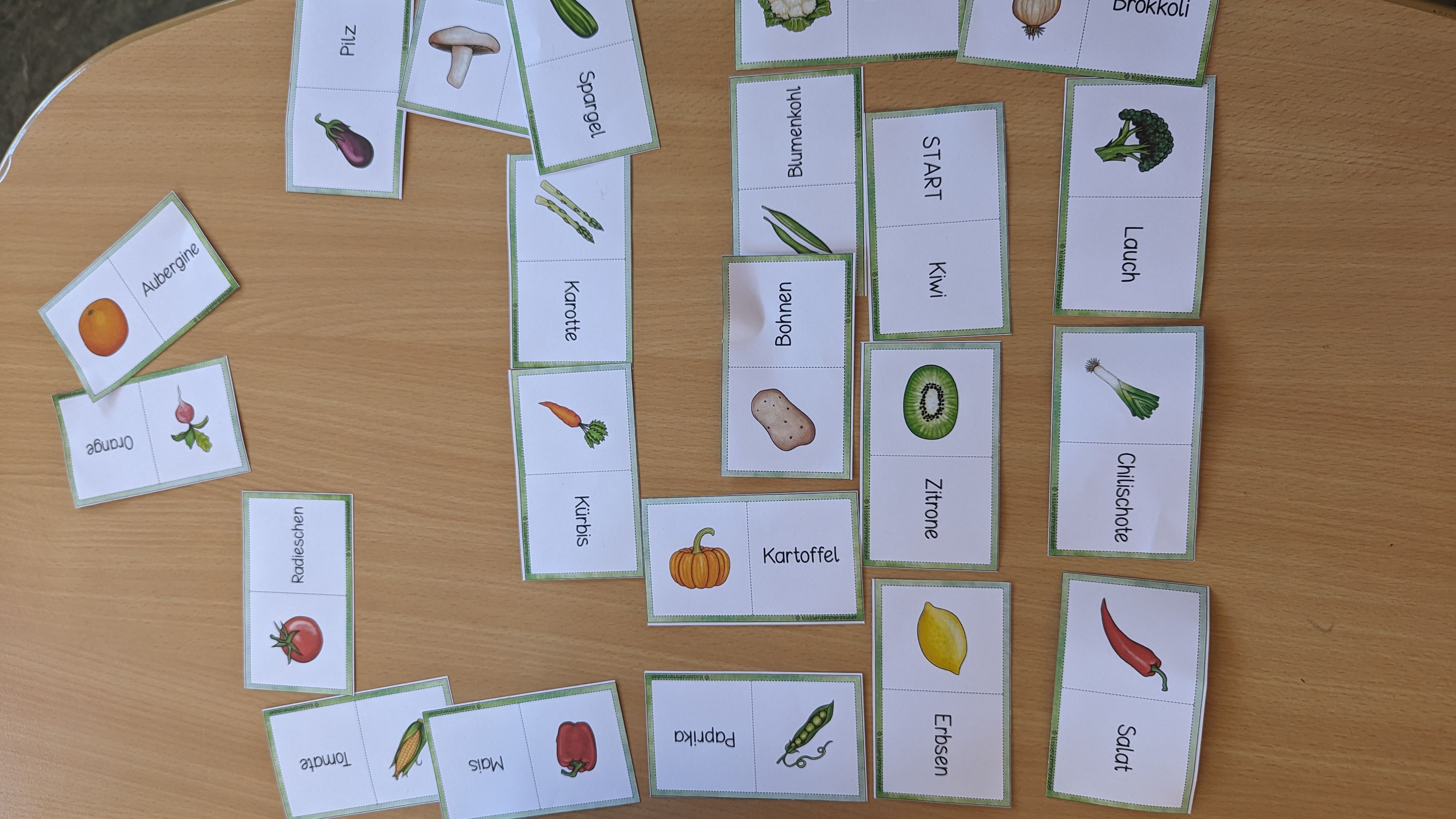 Viele Karten mit Bildern und Namen von verschiedenen Obst- und Gemüsesorten liegen aufgereiht auf dem Tisch